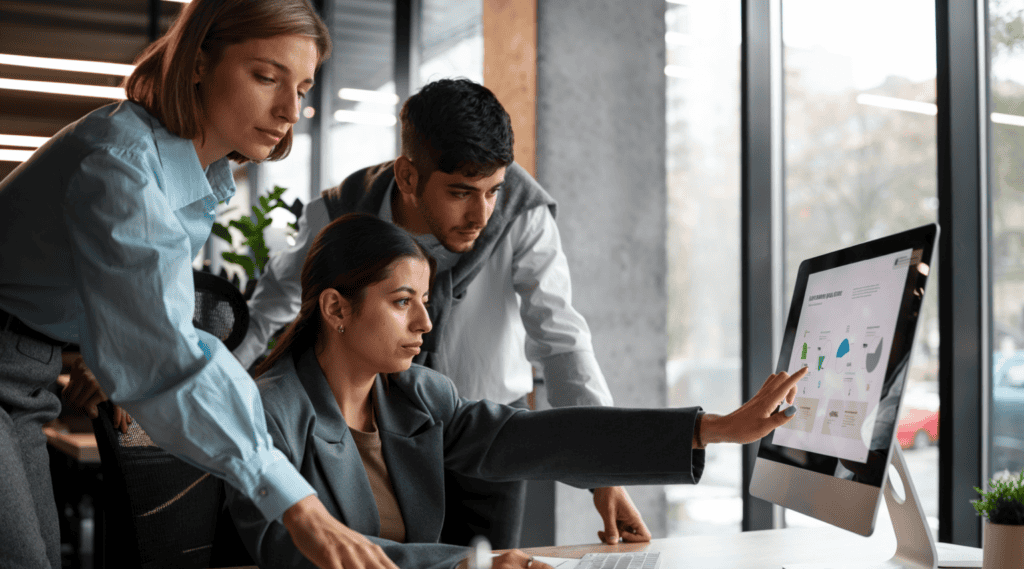 Business team analyzing data on computer for consultancy services and strategic planning.