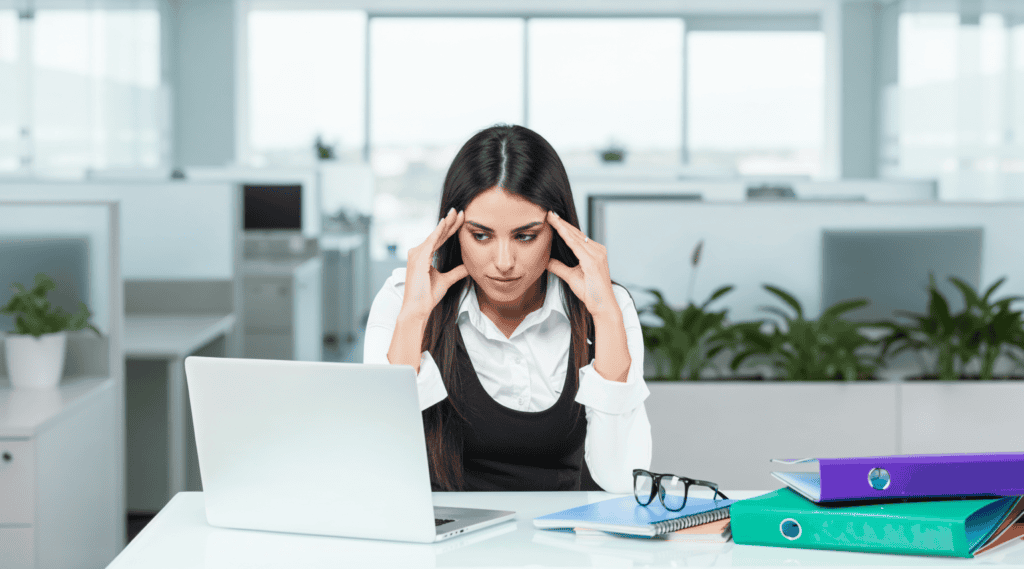 Stressful woman at work with laptop and documents in an office environment.